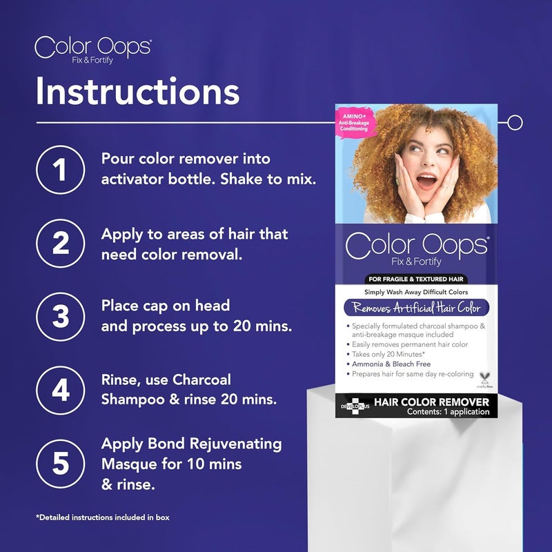 Color Oops Fix & Fortify Bond Rejuvenating Color Remover, Includes Color Remover, Activator Mixing Bottle, Charcoal Shampoo, Bond Rejuvenating Masque, Gloves, Cap, & Instructions, Cruelty Free - Image 4